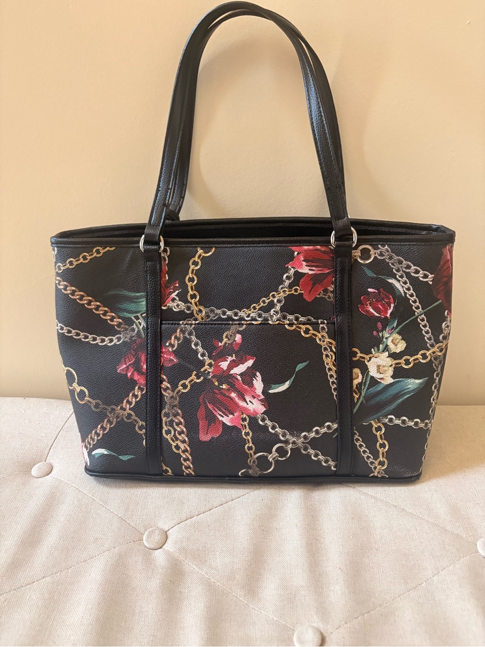 Dana Buchman  Floral Chain Pattern Black Tote Bag - Picture 2 of 7